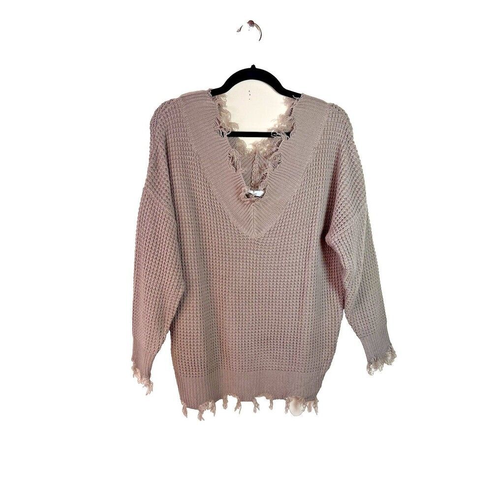 Zenana Size M Taupe Women's Oversized Long Sleeve Waffle Knit Raw Hem Sweater